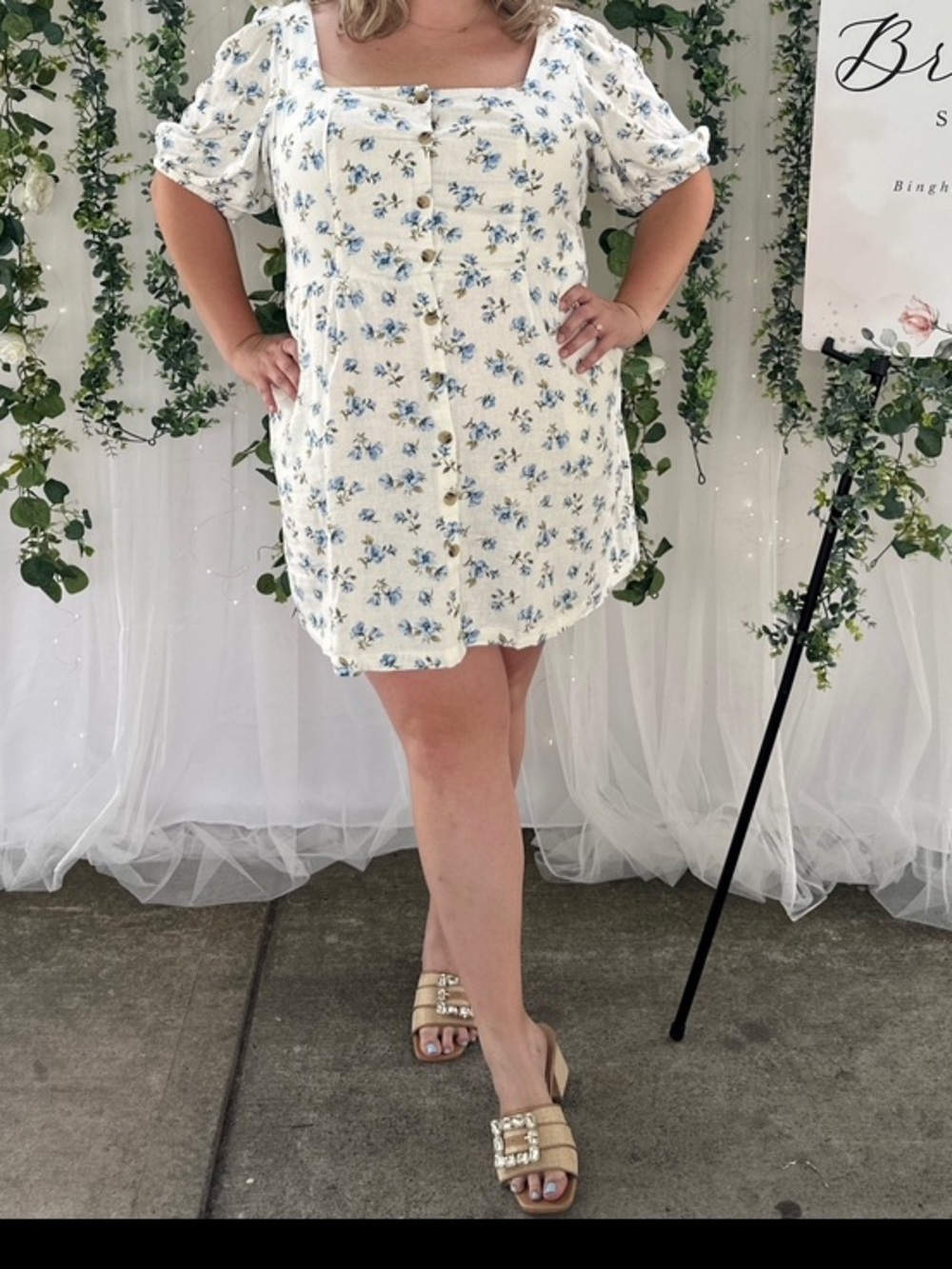Old Navy Cream Button-Front Top with Blue Floral Pattern